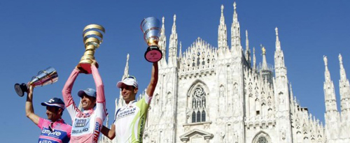 Il podio di Milano con contador, Scarponi e Nibali