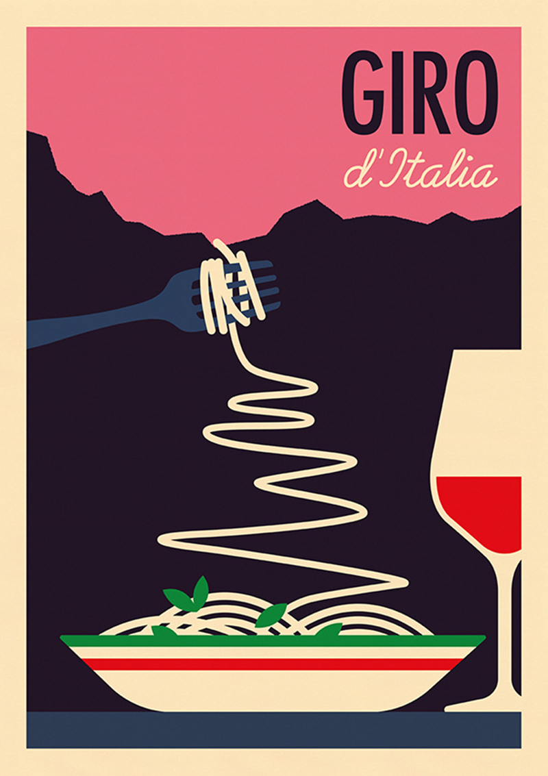 Poster sul Giro d'Italia con pasta e vino
