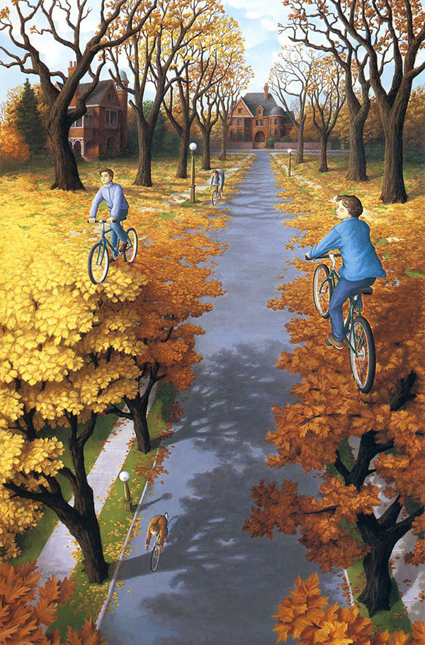 Dipinto surrealista con ciclisti di Rob Gonsalves