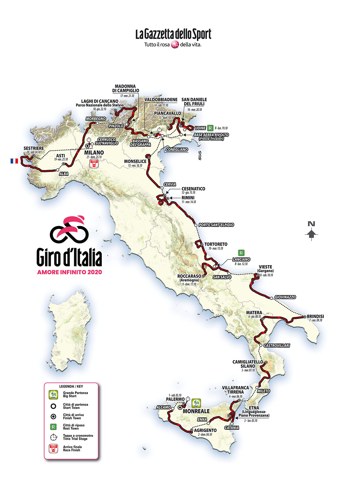 Il percorso del Giro d'Italia 2020 COVID edition